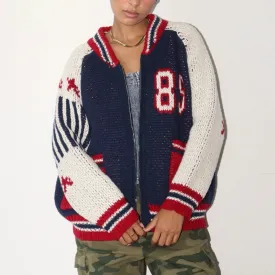 Toleet-Preppy Vintage Patchwork Cardigans Number Print Zip Up Knitwear with 2 Pockets 2000s Retro Grunge Knitted Sweater Teen Girls