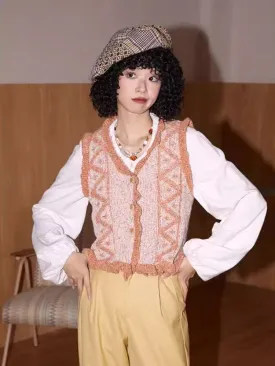 V-Neck Lace Woolen Cardigan Vest【s0000007114】