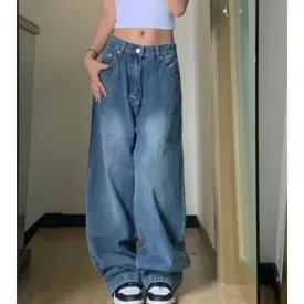 Vevesc  Oversized Women Wide Leg Jeans Vintage Y2K Streetwear Baggy Denim Trousers Fashion Korean Casual High Waist Straight Pants