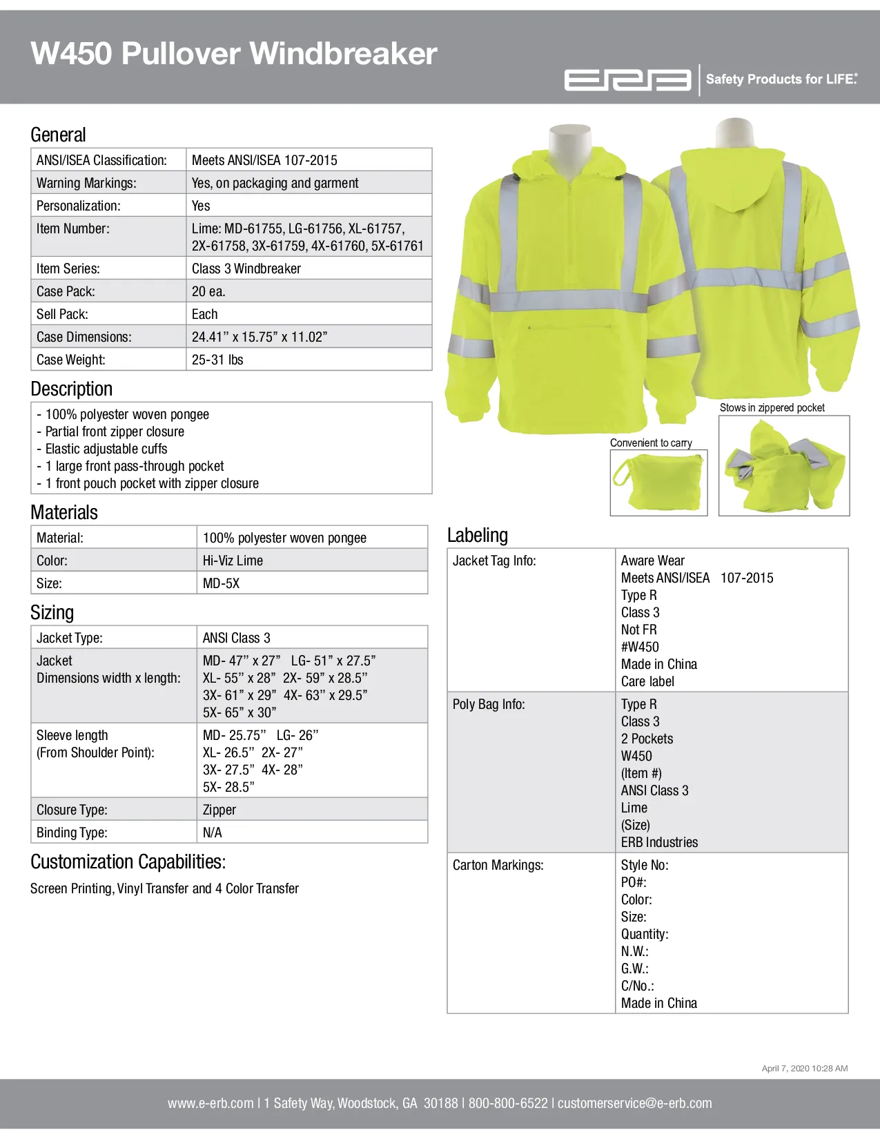 W450 Class 3 Windbreaker w/Hood 1pc