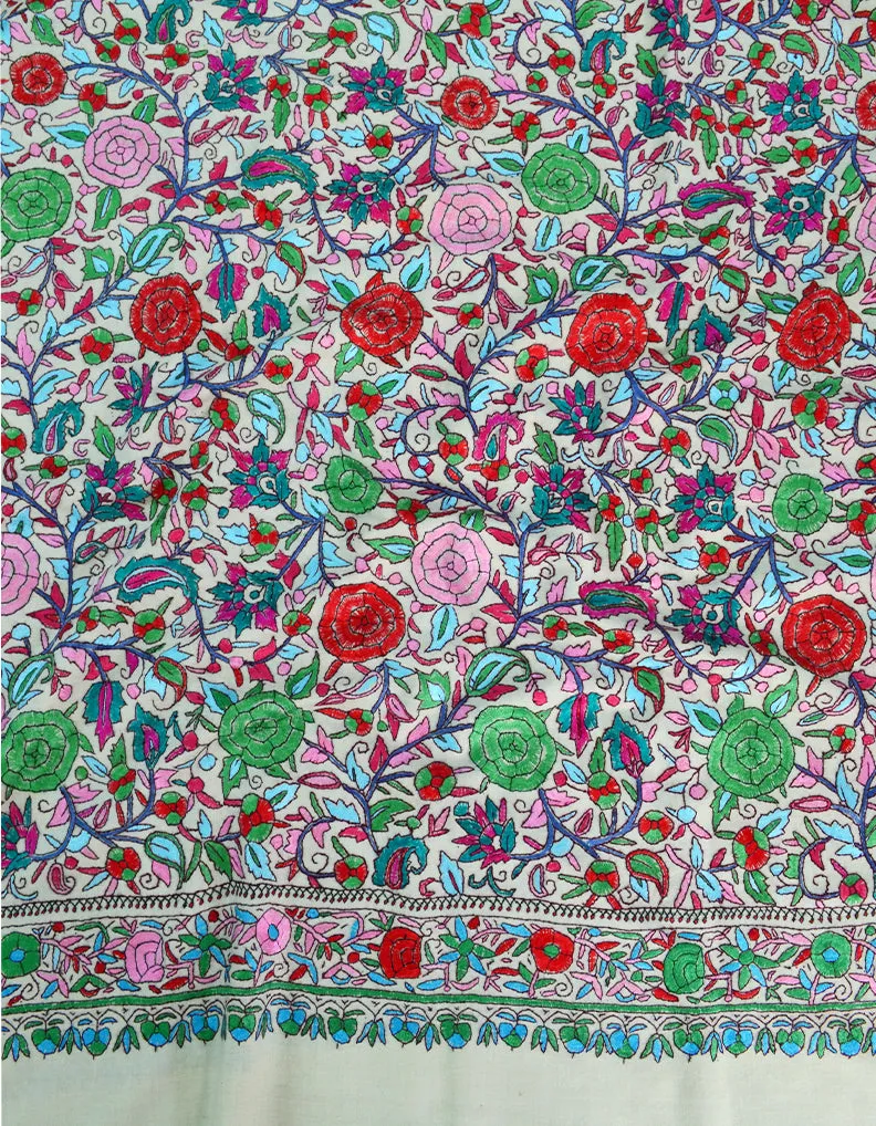 White Pashmina Shawl With Papermachie Work 7088