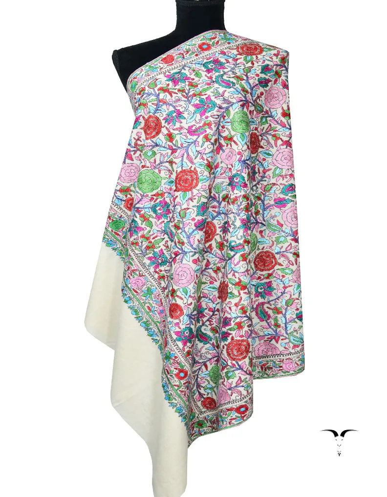 White Pashmina Shawl With Papermachie Work 7088