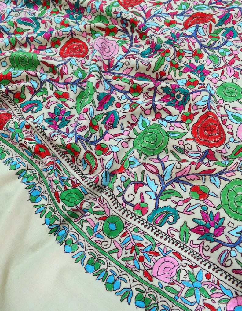 White Pashmina Shawl With Papermachie Work 7088