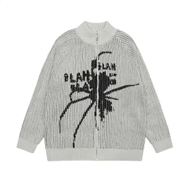 Wiaofellas Vintage Spider Print Knitted Sweaters Men's and Women's Stand Washed Streetwear Baggy Woolen Clothes Cardigan Autumn Jackets