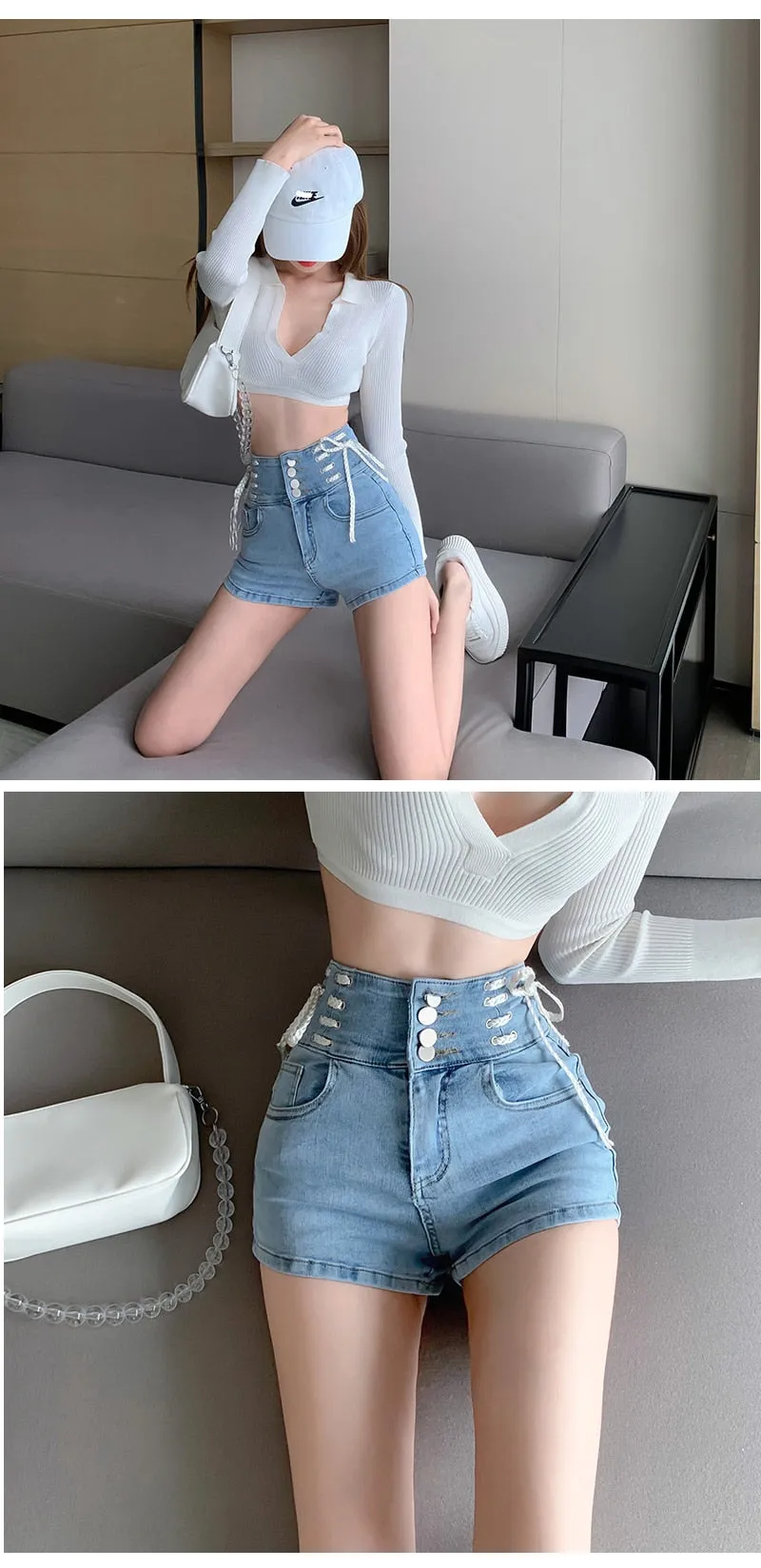 Wjczt Sexy Denim Shorts New Women&#39;s Slim Fit Pants 2021 Summer Back Hollow Out Quality High Waist Tight Female Elastic Short Jeans