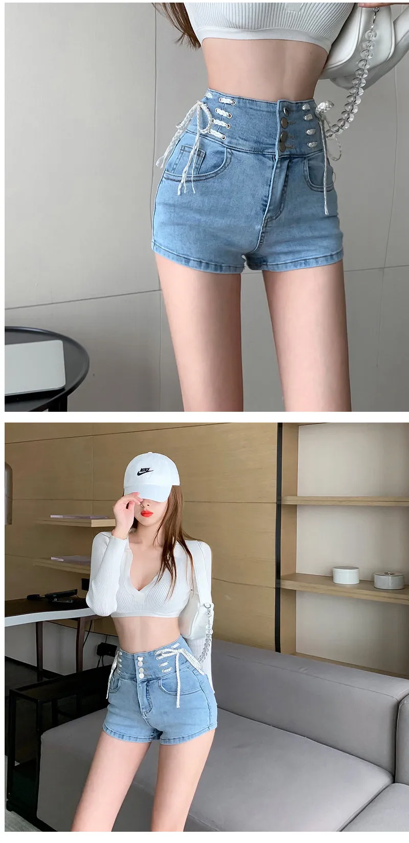 Wjczt Sexy Denim Shorts New Women&#39;s Slim Fit Pants 2021 Summer Back Hollow Out Quality High Waist Tight Female Elastic Short Jeans