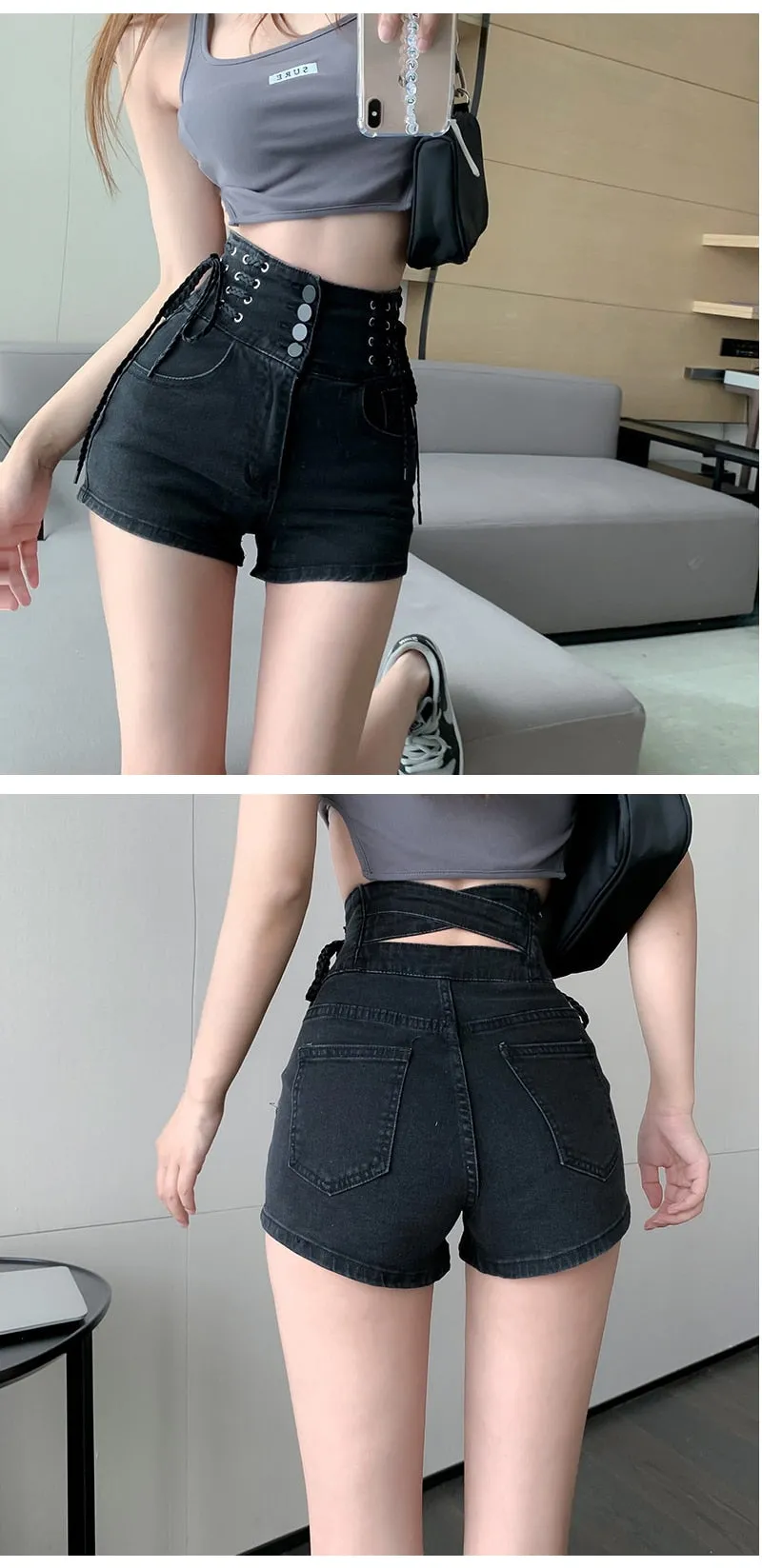 Wjczt Sexy Denim Shorts New Women&#39;s Slim Fit Pants 2021 Summer Back Hollow Out Quality High Waist Tight Female Elastic Short Jeans