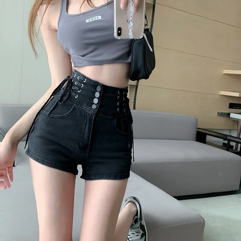 Wjczt Sexy Denim Shorts New Women&#39;s Slim Fit Pants 2021 Summer Back Hollow Out Quality High Waist Tight Female Elastic Short Jeans