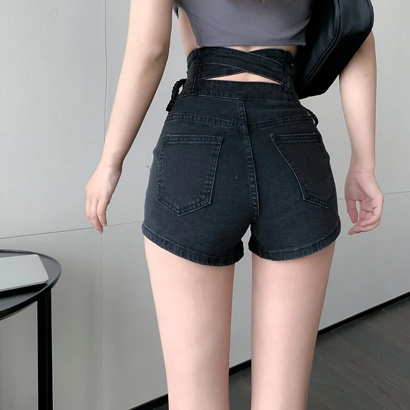 Wjczt Sexy Denim Shorts New Women&#39;s Slim Fit Pants 2021 Summer Back Hollow Out Quality High Waist Tight Female Elastic Short Jeans