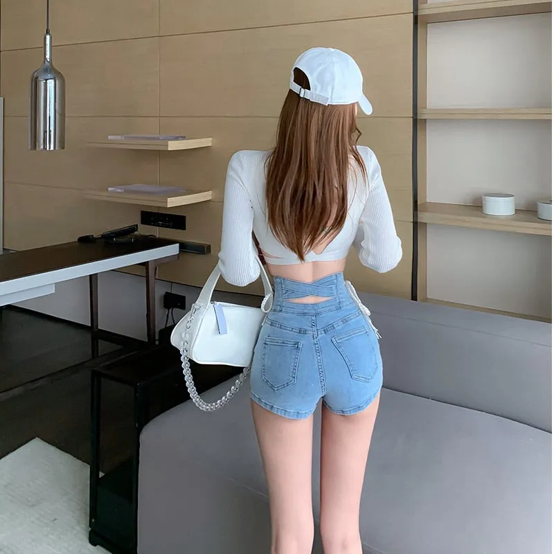 Wjczt Sexy Denim Shorts New Women&#39;s Slim Fit Pants 2021 Summer Back Hollow Out Quality High Waist Tight Female Elastic Short Jeans