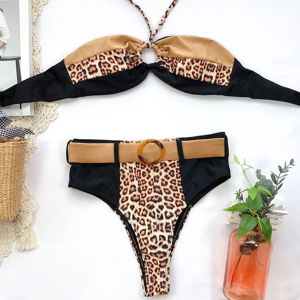 Women's Leopard Print Hollow Out Striped Bikini Set