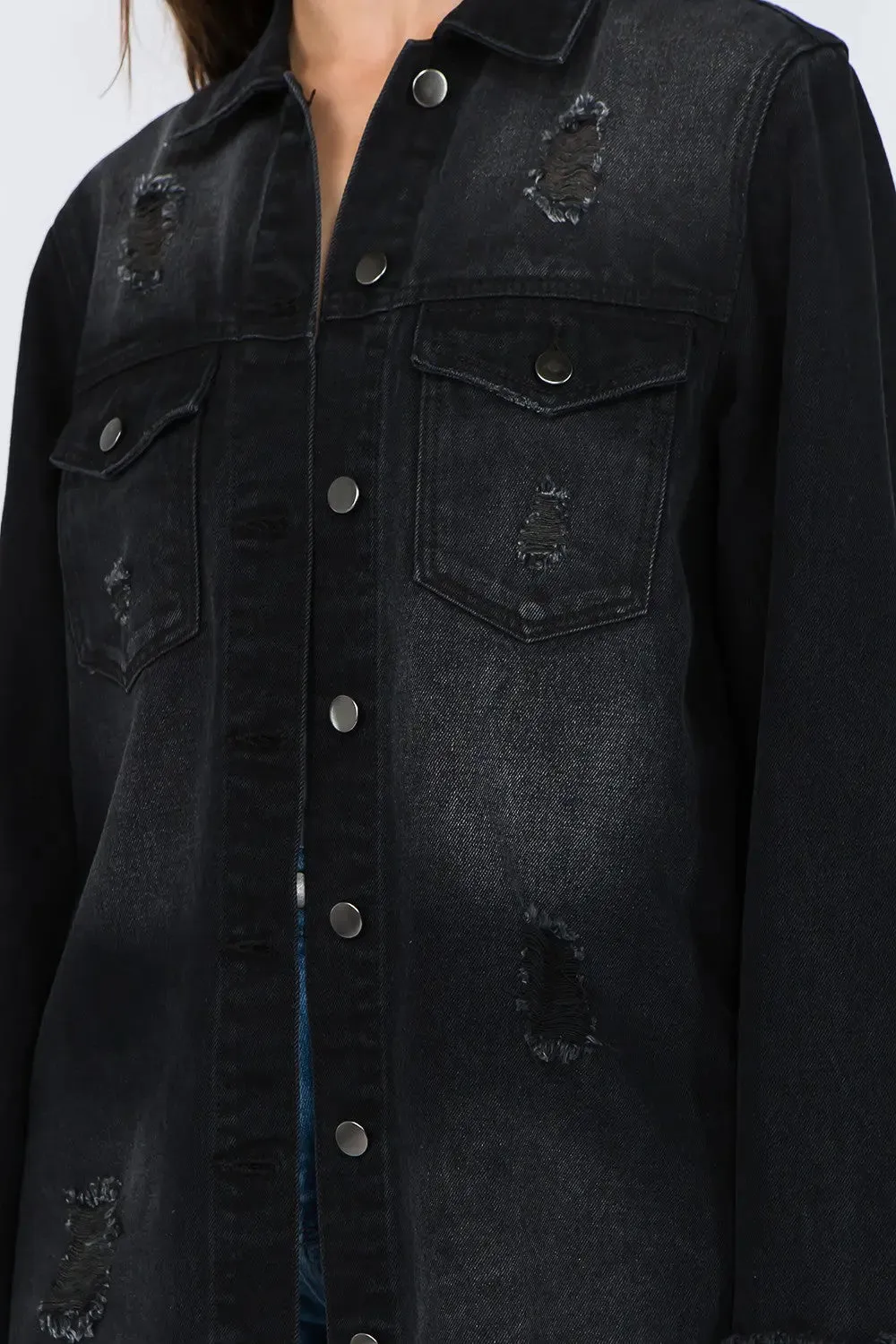 Women's Light Distressed Denim Jacket with Frayed Hem | Fashion M&J