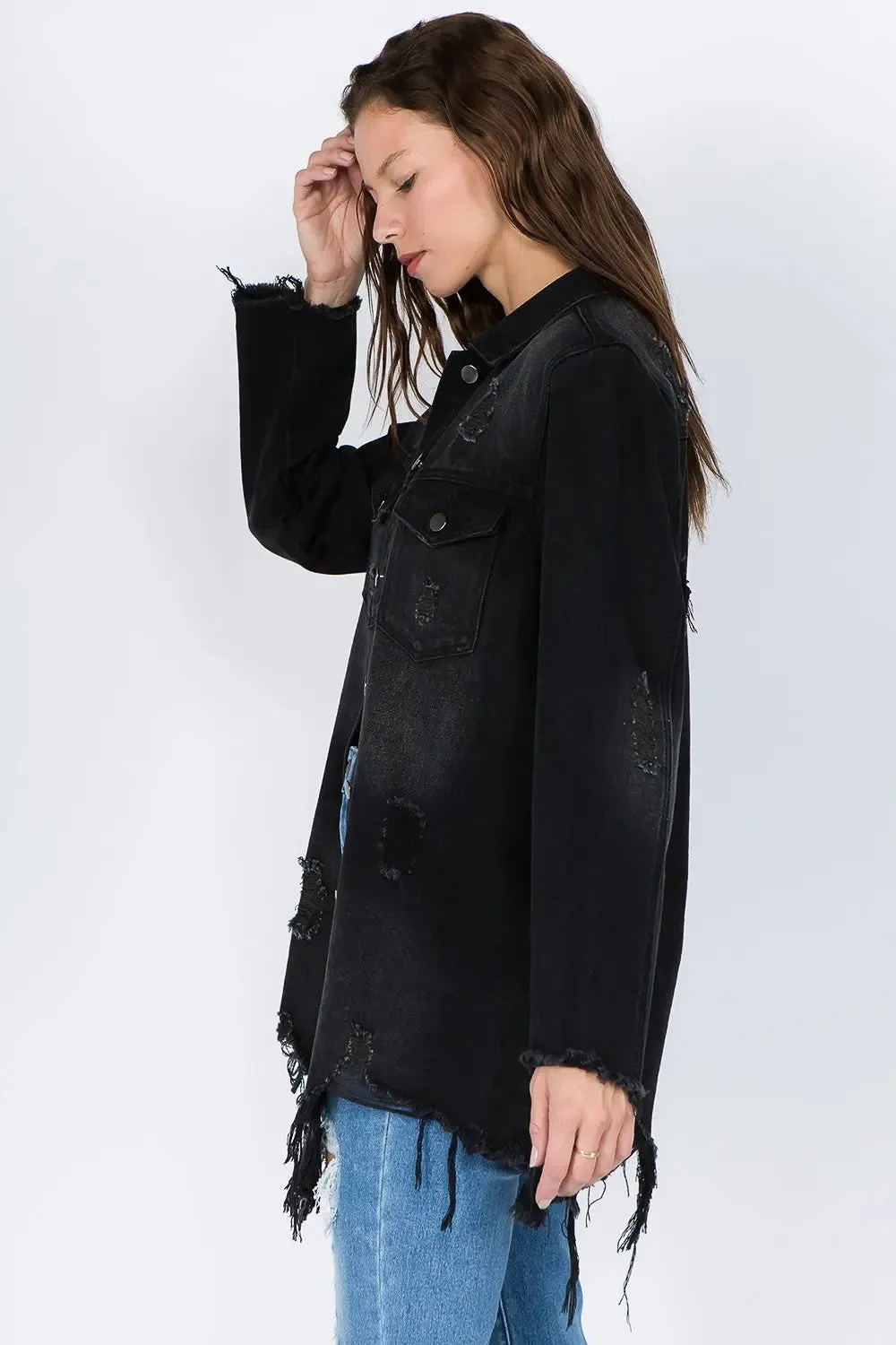 Women's Light Distressed Denim Jacket with Frayed Hem | Fashion M&J