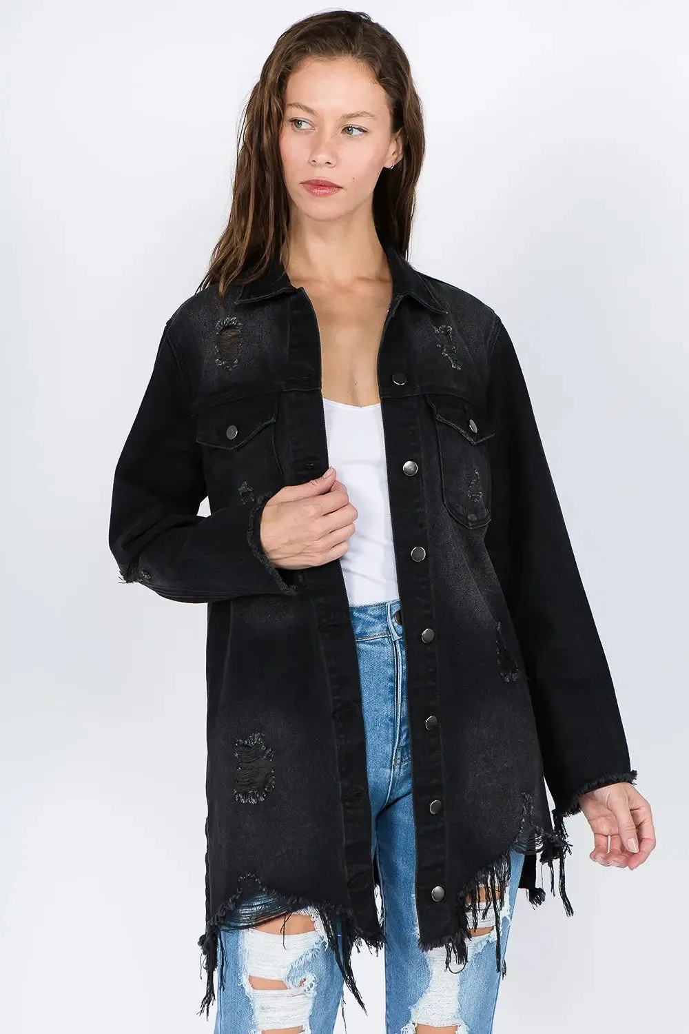 Women's Light Distressed Denim Jacket with Frayed Hem | Fashion M&J