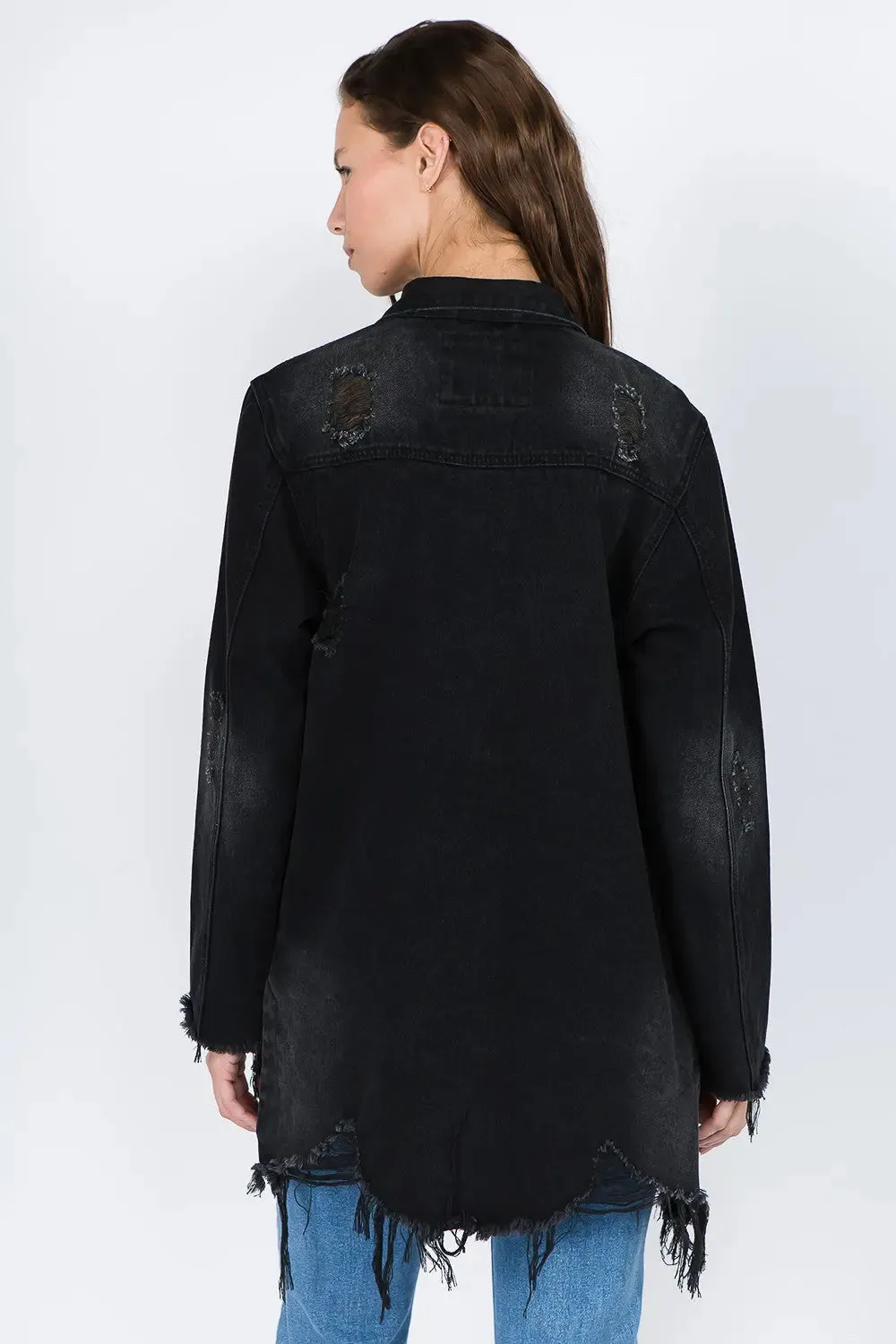 Women's Light Distressed Denim Jacket with Frayed Hem | Fashion M&J