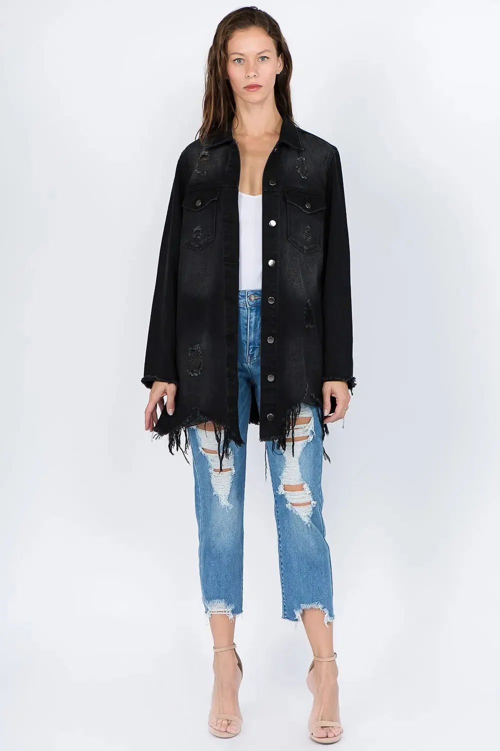 Women's Light Distressed Denim Jacket with Frayed Hem | Fashion M&J